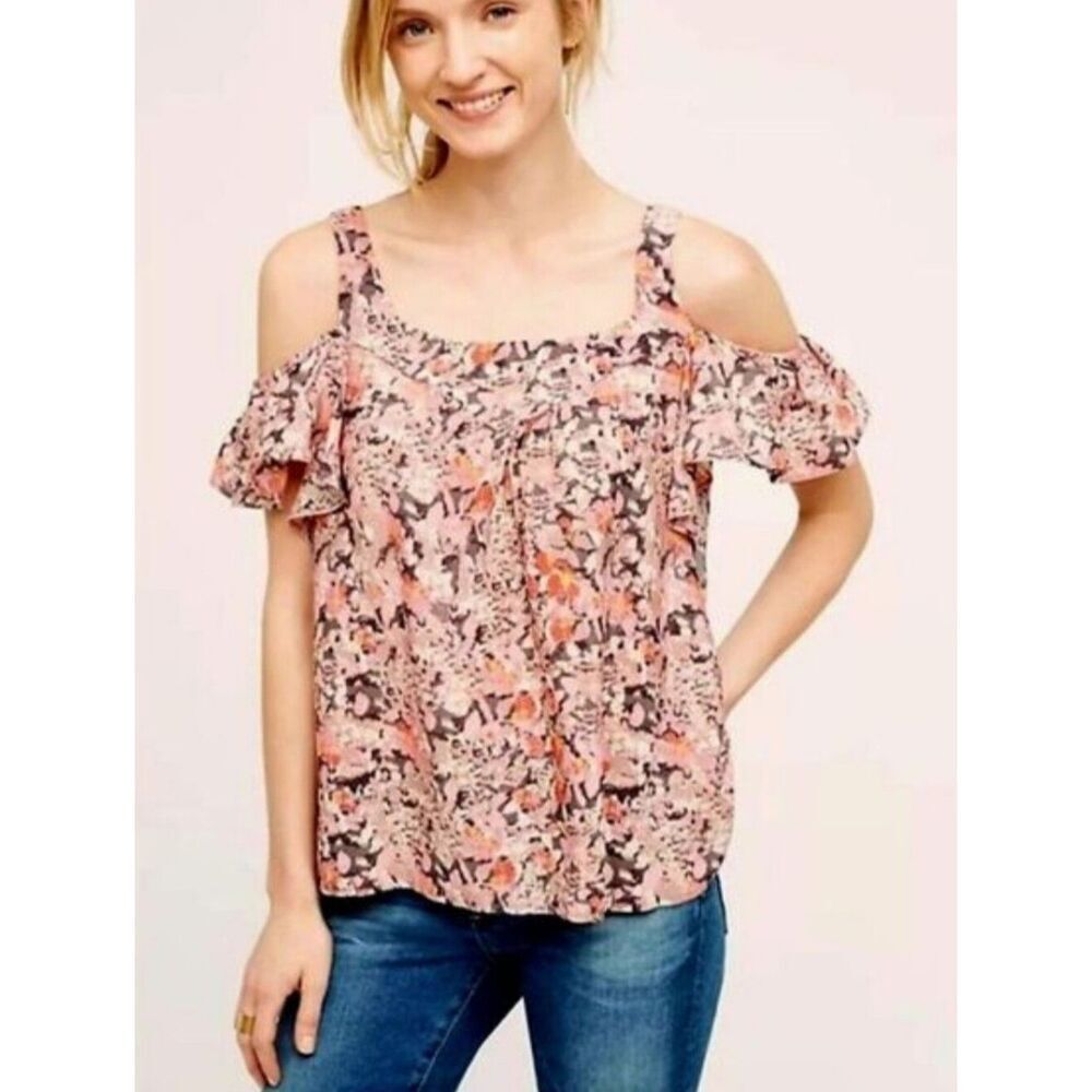 Anthropologie Maeve Hana Pink Floral Cold Shoulder Top Size Small